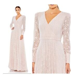 Mac Duggal 93679D Blush Light Rose Pink Lace Dress Long Sleeve Wrap Gown 20